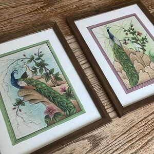 Set of two silk paintings from India peacock 🦚 framed